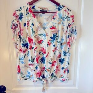 Robert Louis Floral Blouse 1X Plus Tie Front Ruched Sleeves V-Neck Top